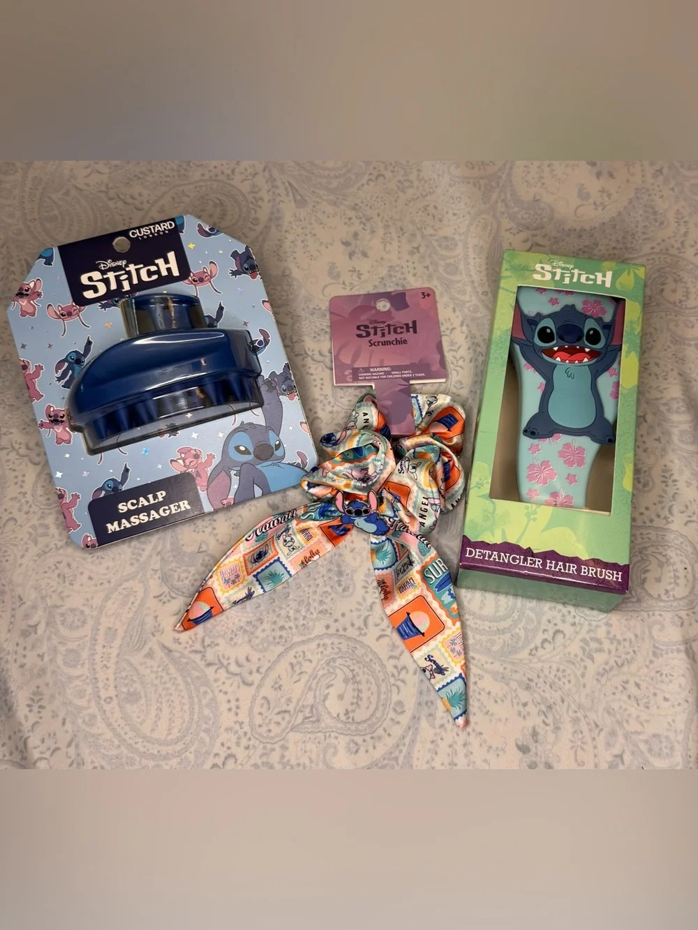 Disney Stitch Scalp Massager, Detangler Brush, and Metal Stich on Satin Scrunch